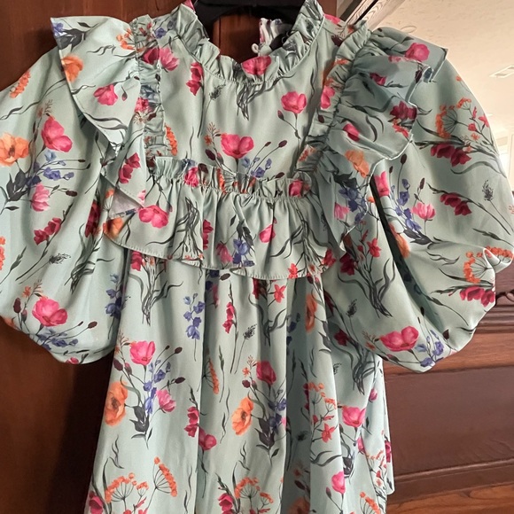 Gigio Tops - Floral Ruffle Dress in Mint with Pink & Orange Flowers